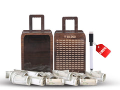 Wooden Modern Money/Piggy Bank Coin Box with Carved Design Money Collection Cash Box Cash Vault Savings Challenge Bank Donation Box Smart Gullak with Numbers & Marker -Travel
