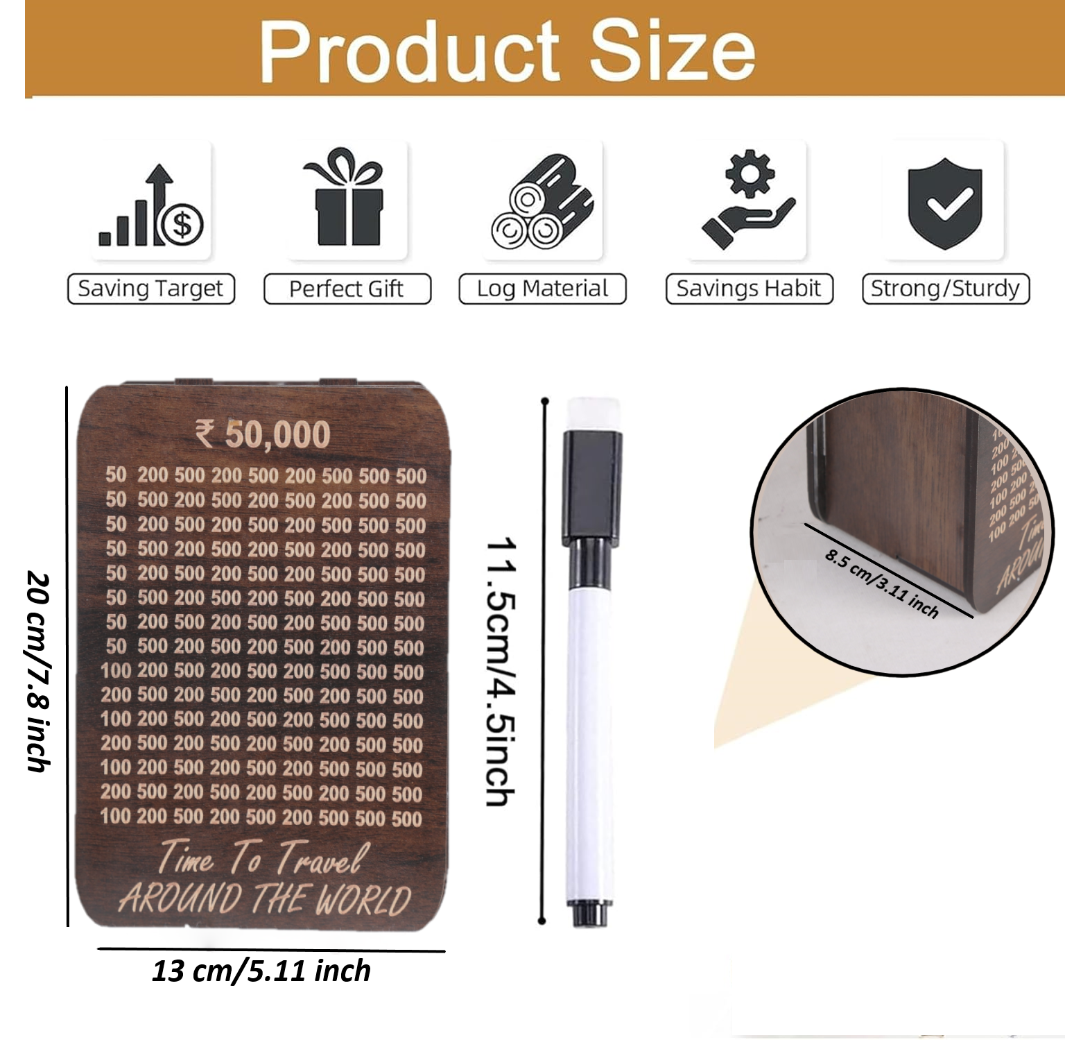Wooden Modern Money/Piggy Bank Coin Box with Carved Design Money Collection Cash Box Cash Vault Savings Challenge Bank Donation Box Smart Gullak with Numbers & Marker -Travel