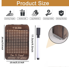 Wooden Modern Money/Piggy Bank Coin Box with Carved Design Money Collection Cash Box Cash Vault Savings Challenge Bank Donation Box Smart Gullak with Numbers & Marker -Travel