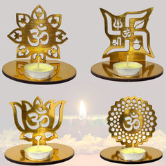 4 pieces Red and Golden MDF Wooden Om Shadow Decorative Tea Light Candle Holder