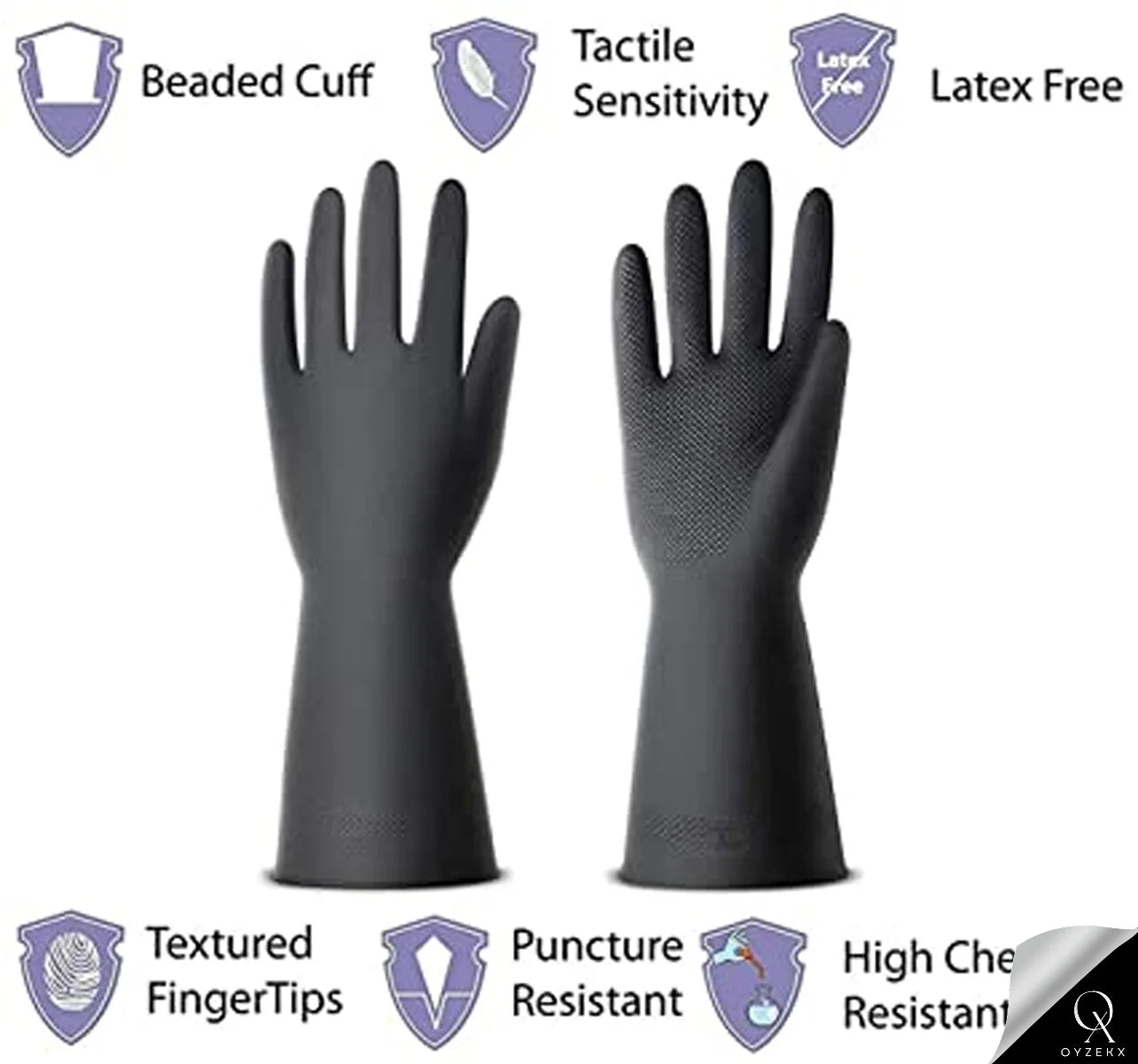 OyzekX Rubber Cleaning Gloves | Reusable Gloves for Cleaning | Chemicals & Detergents Resistant | Pack of 2 |Heavy Duty Hand Gloves|Hand Gloves for Dish Washing, Gardening & Cleaning (Black)