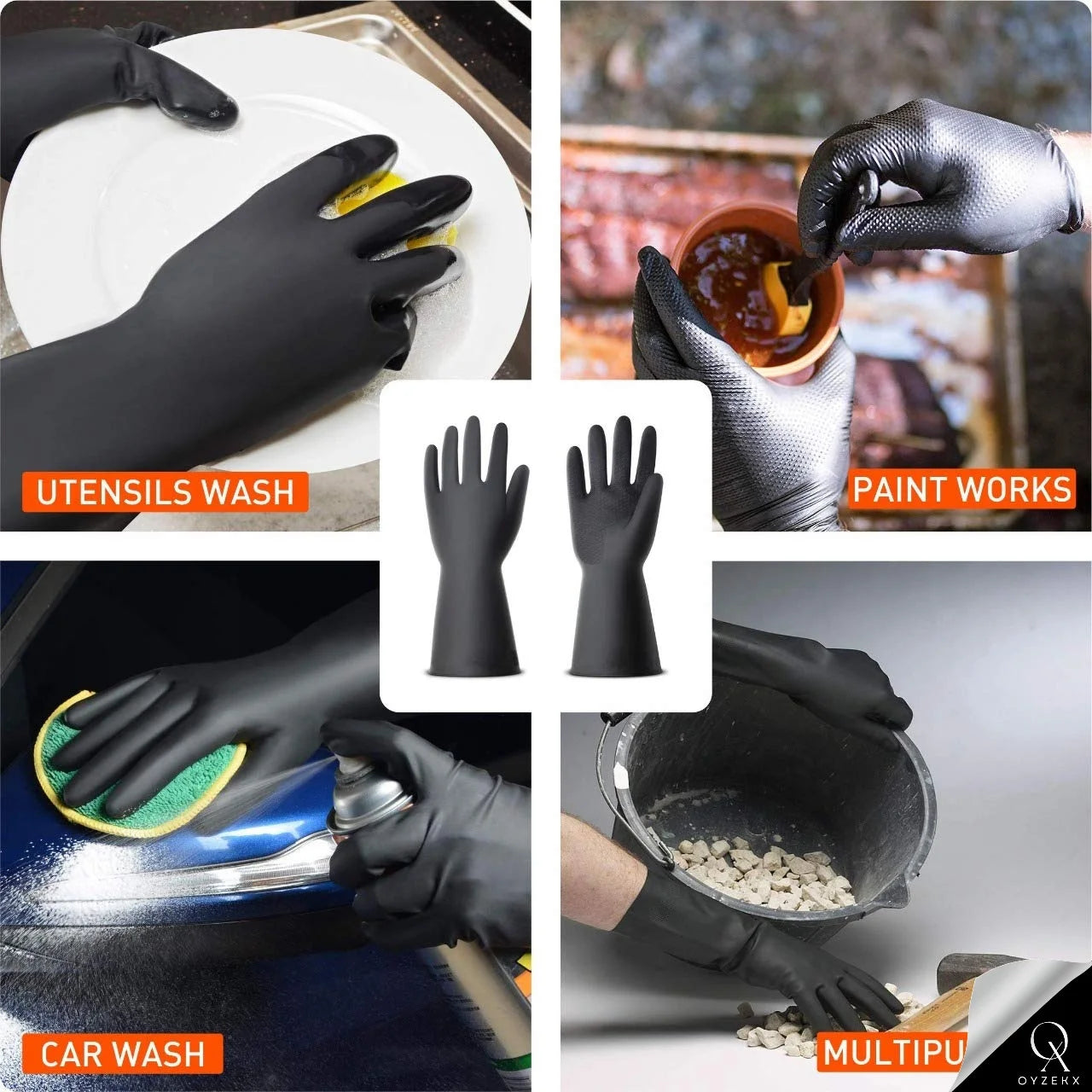 OyzekX Rubber Cleaning Gloves | Reusable Gloves for Cleaning | Chemicals & Detergents Resistant | Pack of 2 |Heavy Duty Hand Gloves|Hand Gloves for Dish Washing, Gardening & Cleaning (Black)
