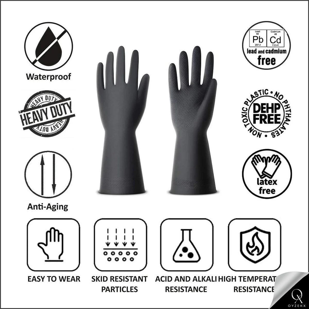 OyzekX Rubber Cleaning Gloves | Reusable Gloves for Cleaning | Chemicals & Detergents Resistant | Pack of 2 |Heavy Duty Hand Gloves|Hand Gloves for Dish Washing, Gardening & Cleaning (Black)
