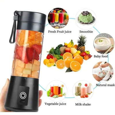 Hand holding the black portable blender filled with fruit, with uses: fresh fruit juice, smoothie, baby food, vegetable juice, milk shake