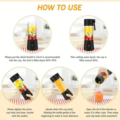 How to use: add sliced fruit, add liquid, tighten the cup and double click the switch, then open the lid and pour