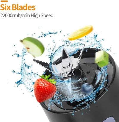 Six stainless steel blades at high speed with fruit and water splash