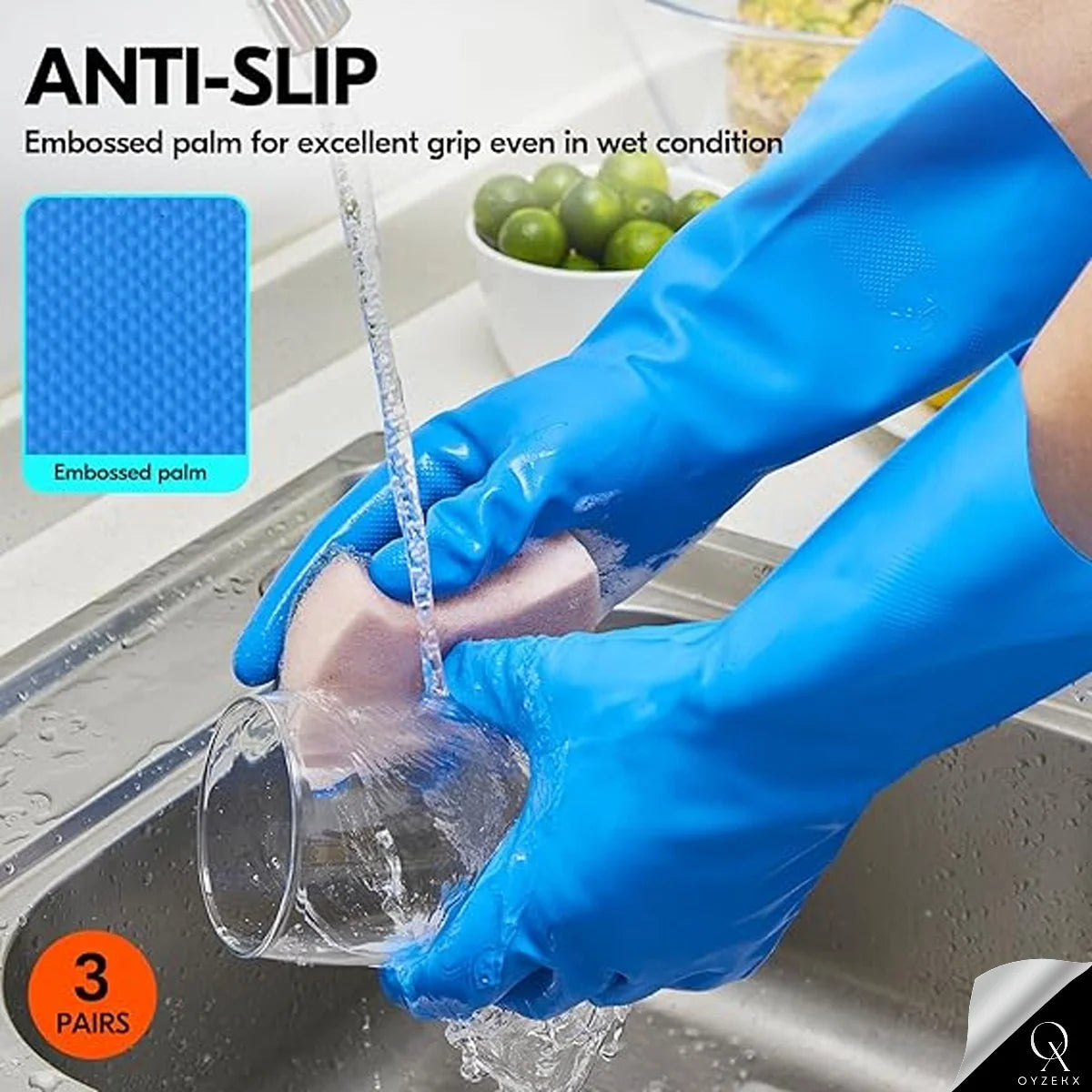 OyzekX Hand Gloves - Rubber gloves for cleaning - Gloves for Washing - Gardening Gloves - Dish Washing Gloves - Kitchen Gloves for Industrial Car Bathroom with 2 pcs cleaning rags (Free) (Blue)