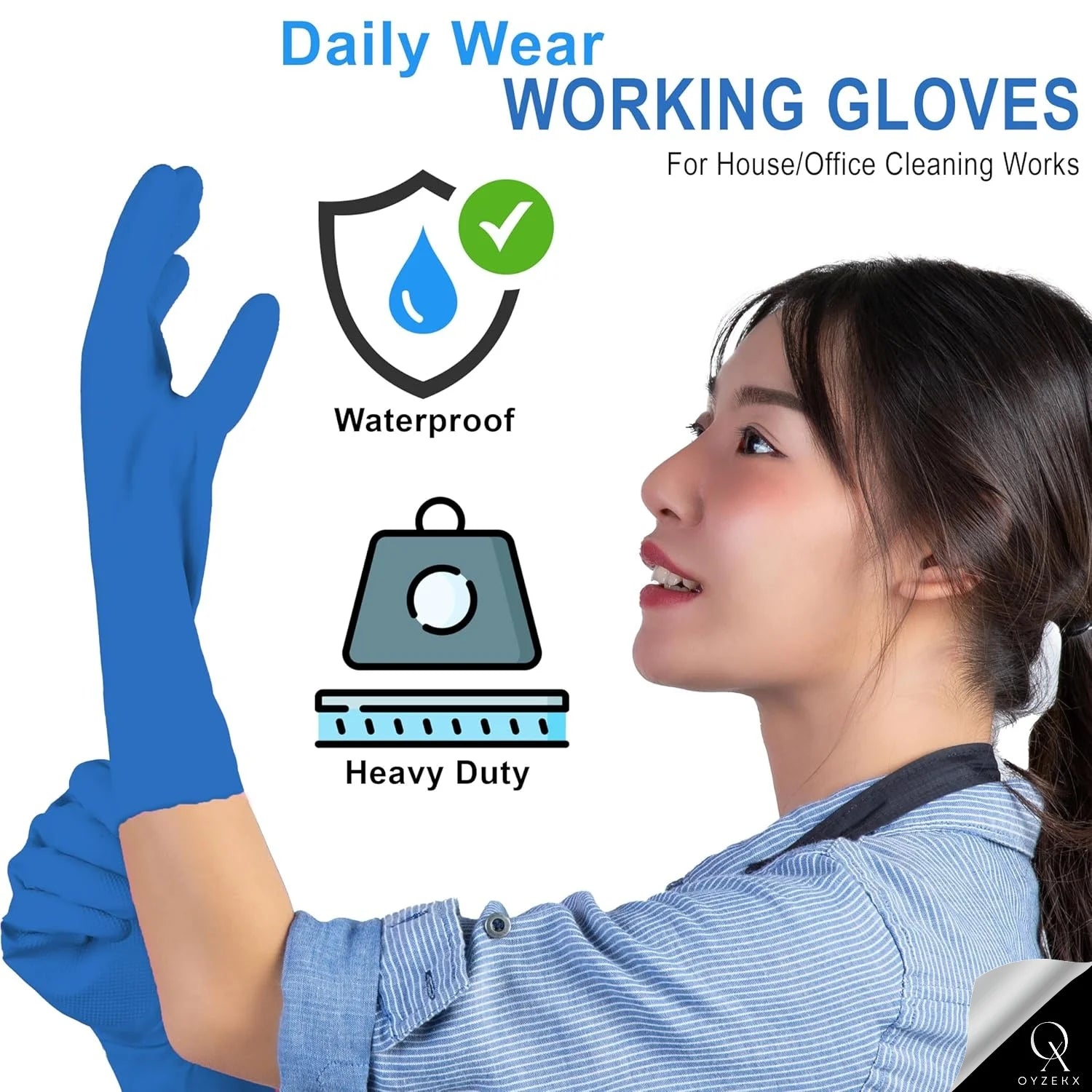 OyzekX Hand Gloves - Rubber gloves for cleaning - Gloves for Washing - Gardening Gloves - Dish Washing Gloves - Kitchen Gloves for Industrial Car Bathroom with 2 pcs cleaning rags (Free) (Blue)
