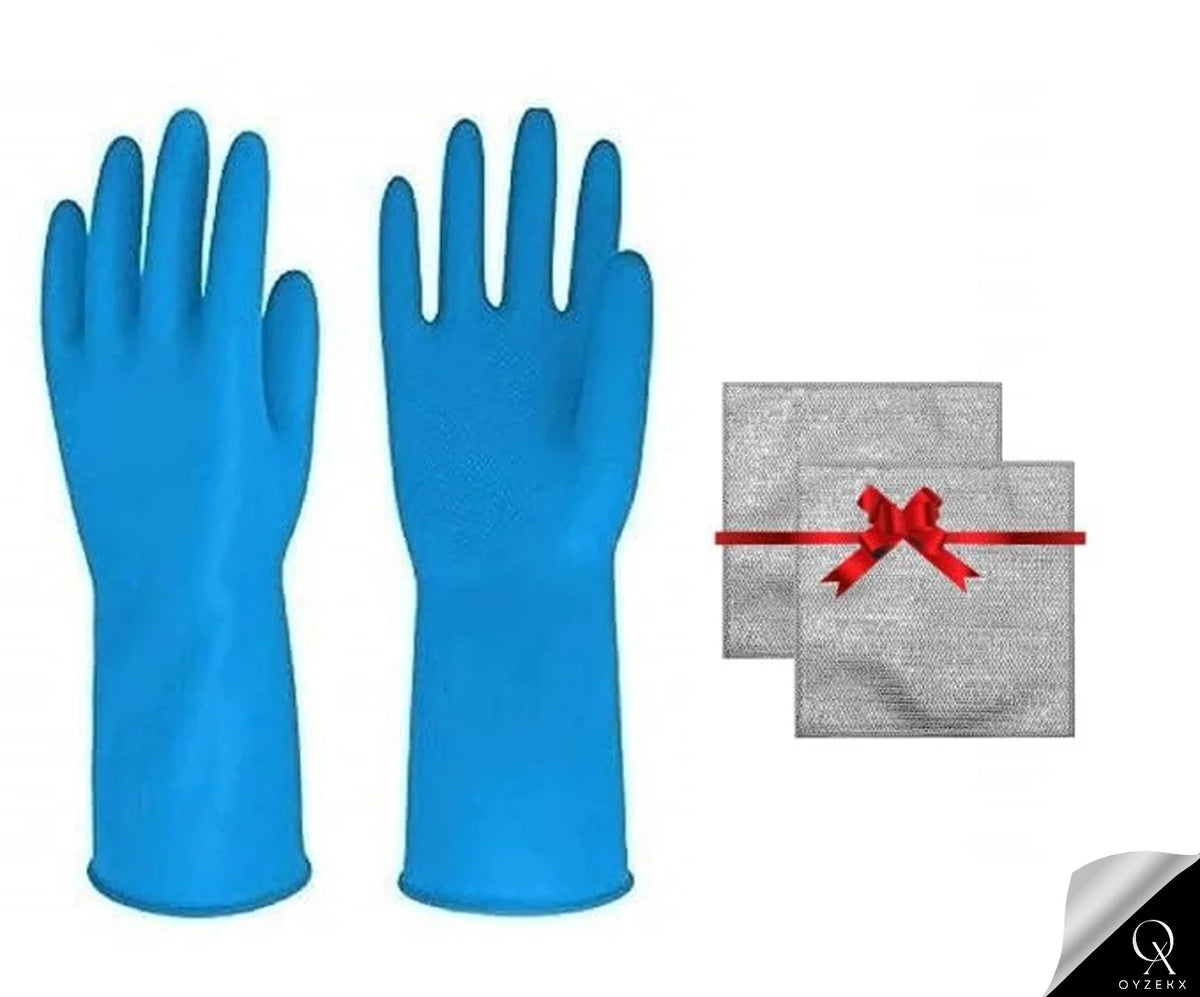 OyzekX Hand Gloves - Rubber gloves for cleaning - Gloves for Washing - Gardening Gloves - Dish Washing Gloves - Kitchen Gloves for Industrial Car Bathroom with 2 pcs cleaning rags (Free) (Blue)