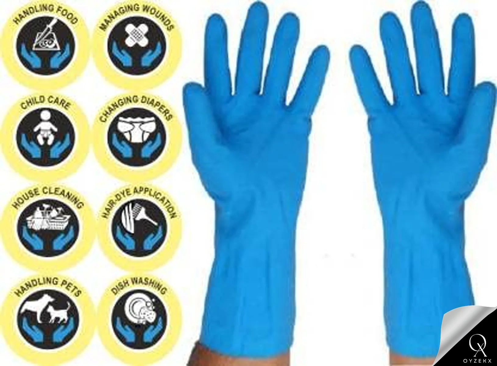 OyzekX Hand Gloves - Rubber gloves for cleaning - Gloves for Washing - Gardening Gloves - Dish Washing Gloves - Kitchen Gloves for Industrial Car Bathroom with 2 pcs cleaning rags (Free) (Blue)