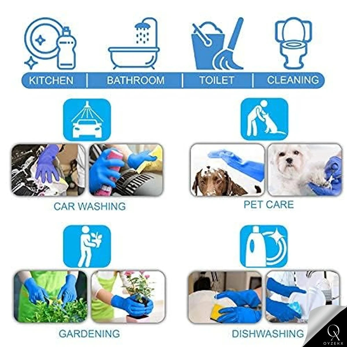 OyzekX Hand Gloves - Rubber gloves for cleaning - Gloves for Washing - Gardening Gloves - Dish Washing Gloves - Kitchen Gloves for Industrial Car Bathroom with 2 pcs cleaning rags (Free) (Blue)