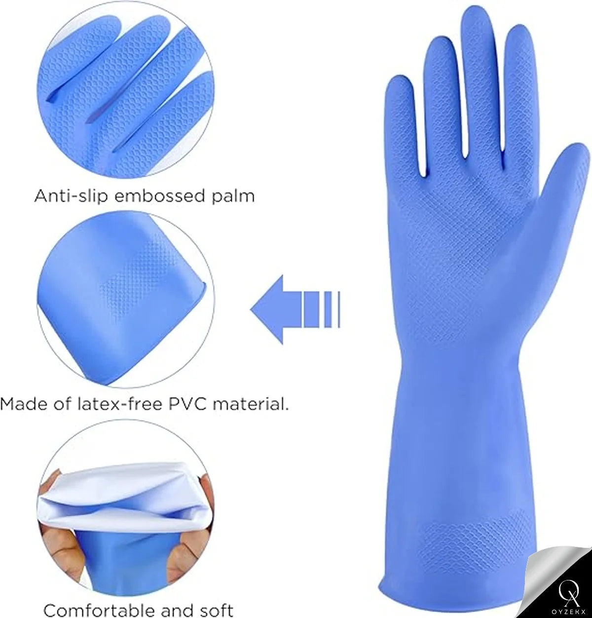 OyzekX Hand Gloves - Rubber gloves for cleaning - Gloves for Washing - Gardening Gloves - Dish Washing Gloves - Kitchen Gloves for Industrial Car Bathroom with 2 pcs cleaning rags (Free) (Blue)