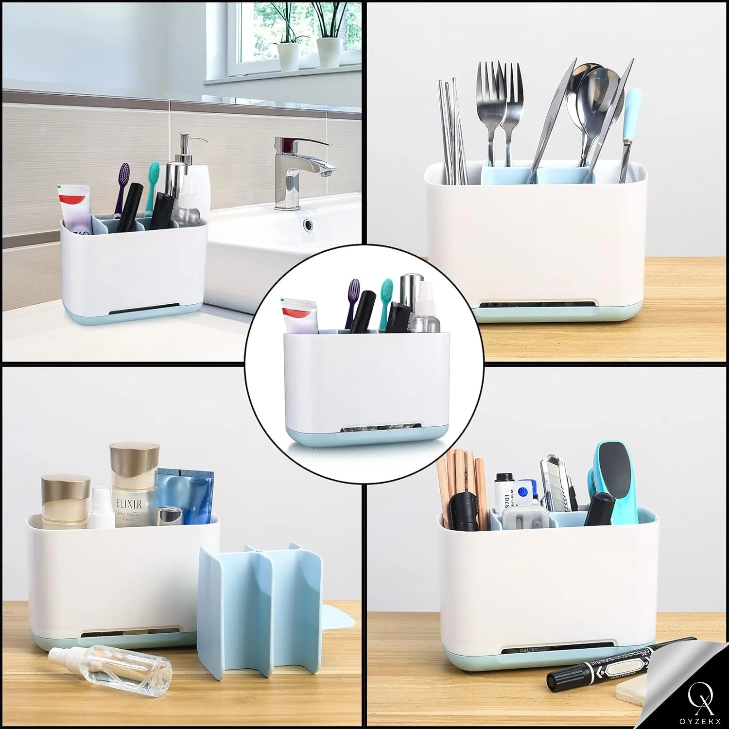 OyzekX Razor Shaving Kit and Toiletries Cosmetics Organizer,Toothbrush Caddy, Bathroom Toothbrush Toothpaste Tube Holders Organizer Container Stand Storage Box for Easy-Store (Blue)