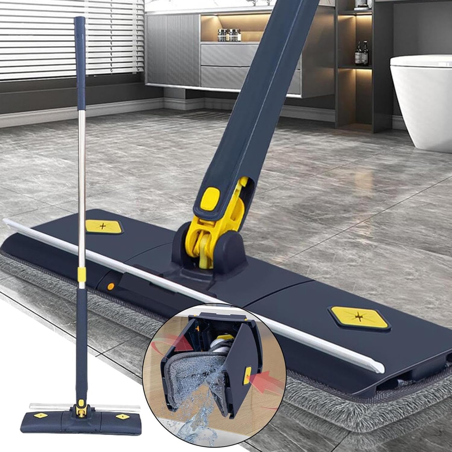 Flat Microfiber Floor Cleaning Mop with Scraper with 360 Rotating Head, Self-Wringings Hands-Free Automatic Water Squeezing Mop for Floors,Kitchen,Wall,Bathroom,Toilet Household Cleaning Mop
