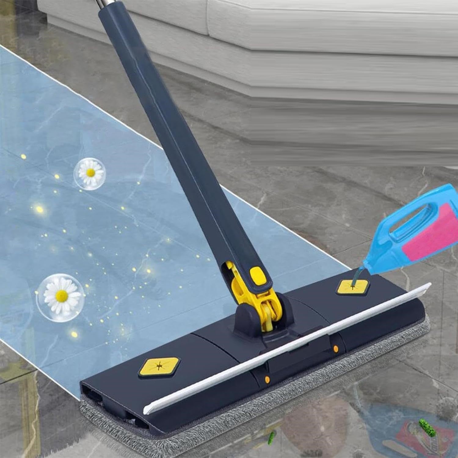 Flat Microfiber Floor Cleaning Mop with Scraper with 360 Rotating Head, Self-Wringings Hands-Free Automatic Water Squeezing Mop for Floors,Kitchen,Wall,Bathroom,Toilet Household Cleaning Mop
