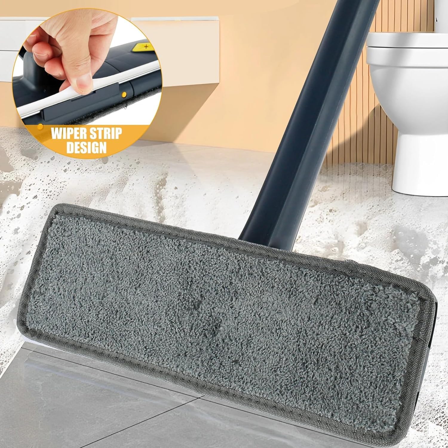 Flat Microfiber Floor Cleaning Mop with Scraper with 360 Rotating Head, Self-Wringings Hands-Free Automatic Water Squeezing Mop for Floors,Kitchen,Wall,Bathroom,Toilet Household Cleaning Mop