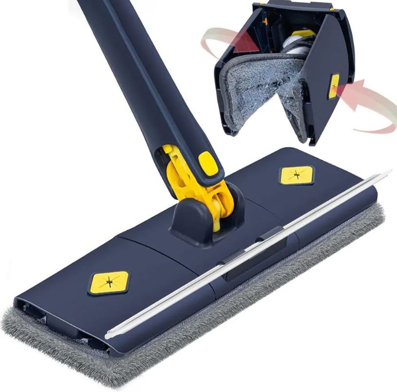 Flat Microfiber Floor Cleaning Mop with Scraper with 360 Rotating Head, Self-Wringings Hands-Free Automatic Water Squeezing Mop for Floors,Kitchen,Wall,Bathroom,Toilet Household Cleaning Mop