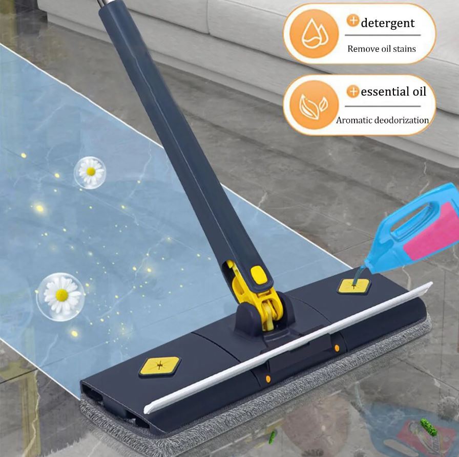 Flat Microfiber Floor Cleaning Mop with Scraper with 360 Rotating Head, Self-Wringings Hands-Free Automatic Water Squeezing Mop for Floors,Kitchen,Wall,Bathroom,Toilet Household Cleaning Mop