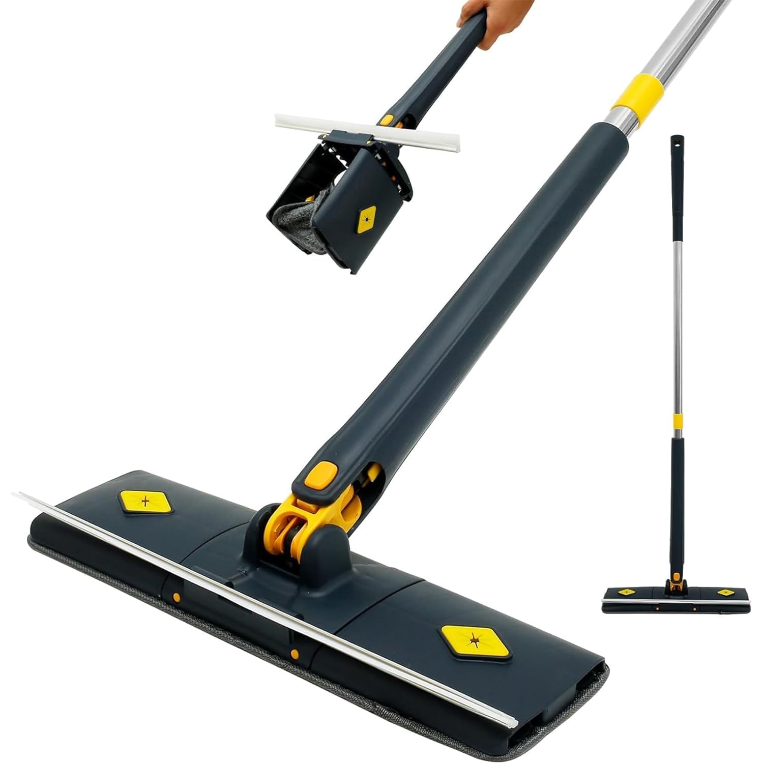 Flat Microfiber Floor Cleaning Mop with Scraper with 360 Rotating Head, Self-Wringings Hands-Free Automatic Water Squeezing Mop for Floors,Kitchen,Wall,Bathroom,Toilet Household Cleaning Mop