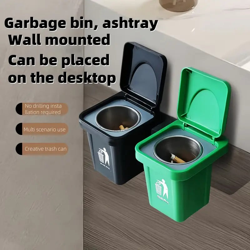 Wall-Mounted, No-Nail Dual-Use Trash Can And Ashtray with a Lid to Prevent Ash from Flying Suitable for Living Rooms, Bedrooms, Bathrooms, Public Restrooms & Offices