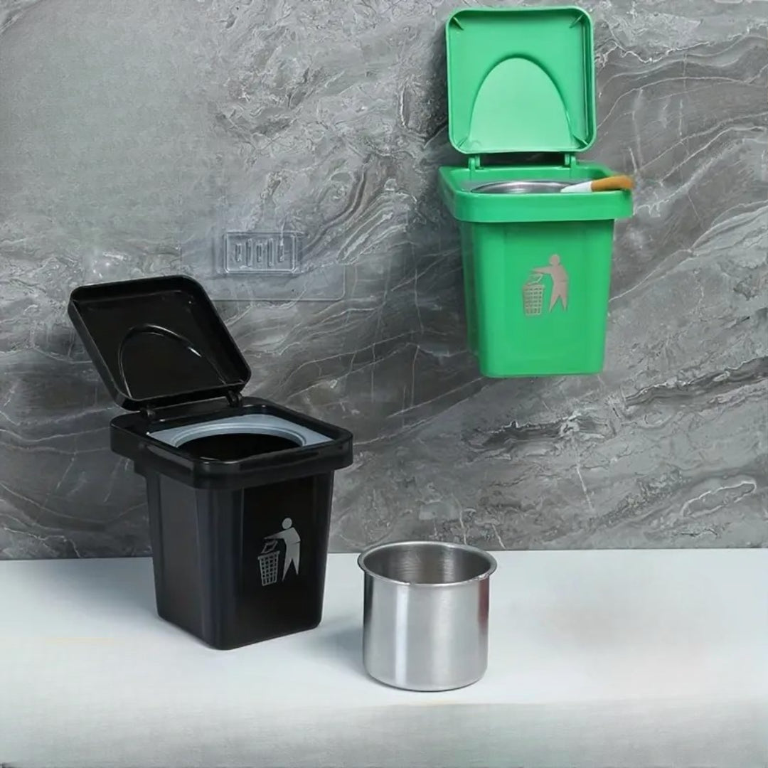Wall-Mounted, No-Nail Dual-Use Trash Can And Ashtray with a Lid to Prevent Ash from Flying Suitable for Living Rooms, Bedrooms, Bathrooms, Public Restrooms & Offices