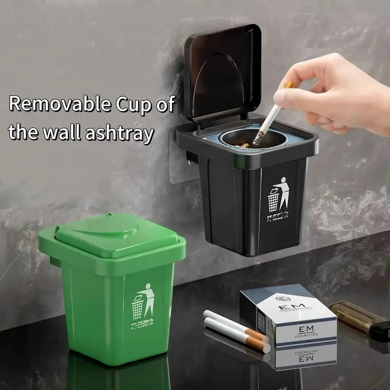 Wall-Mounted, No-Nail Dual-Use Trash Can And Ashtray with a Lid to Prevent Ash from Flying Suitable for Living Rooms, Bedrooms, Bathrooms, Public Restrooms & Offices
