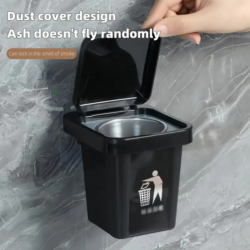 Wall-Mounted, No-Nail Dual-Use Trash Can And Ashtray with a Lid to Prevent Ash from Flying Suitable for Living Rooms, Bedrooms, Bathrooms, Public Restrooms & Offices