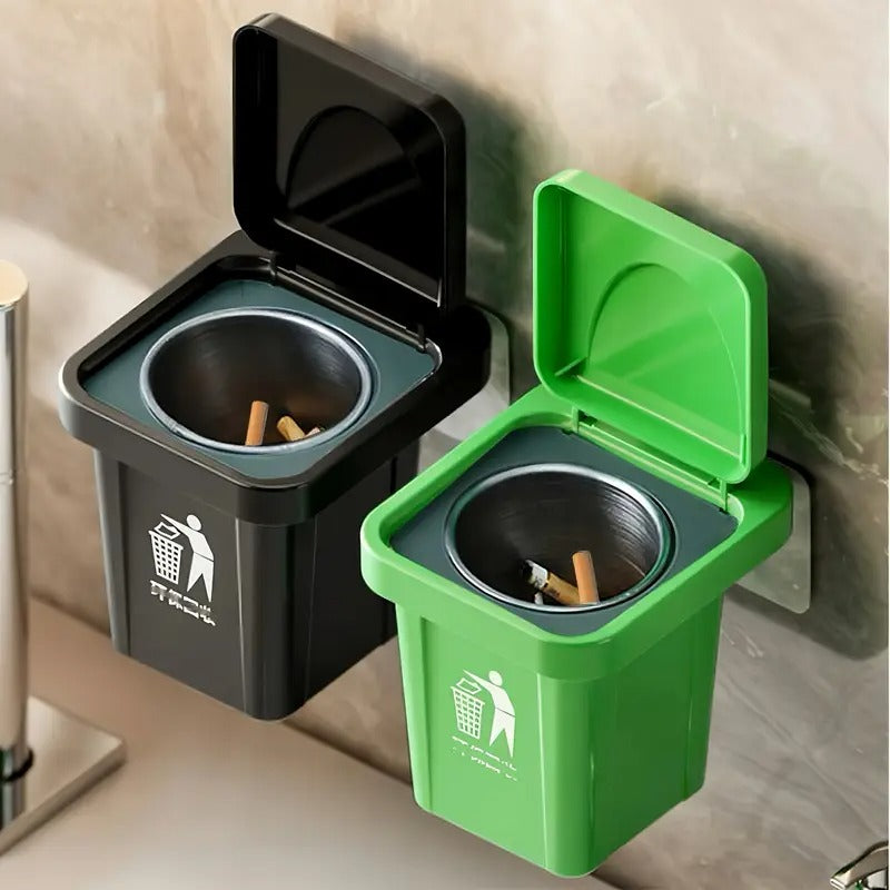 Wall-Mounted, No-Nail Dual-Use Trash Can And Ashtray with a Lid to Prevent Ash from Flying Suitable for Living Rooms, Bedrooms, Bathrooms, Public Restrooms & Offices