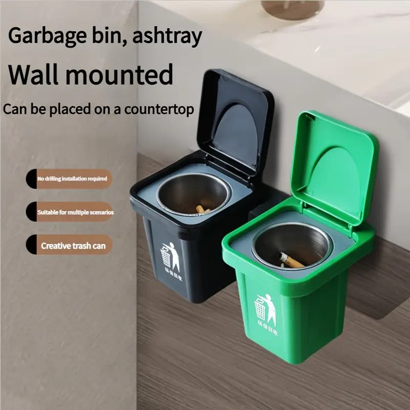 Wall-Mounted, No-Nail Dual-Use Trash Can And Ashtray with a Lid to Prevent Ash from Flying Suitable for Living Rooms, Bedrooms, Bathrooms, Public Restrooms & Offices