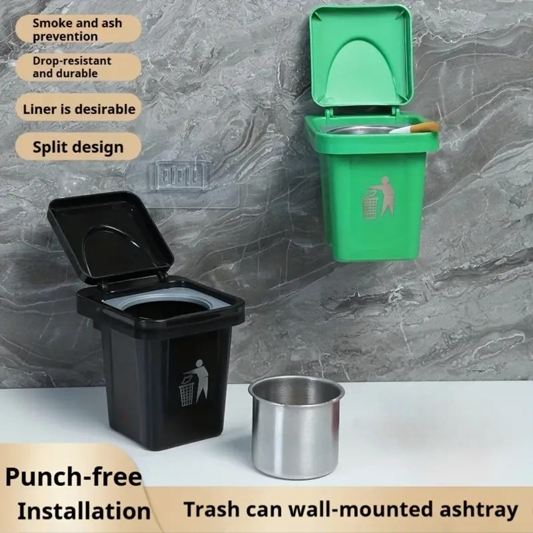 Wall-Mounted, No-Nail Dual-Use Trash Can And Ashtray with a Lid to Prevent Ash from Flying Suitable for Living Rooms, Bedrooms, Bathrooms, Public Restrooms & Offices