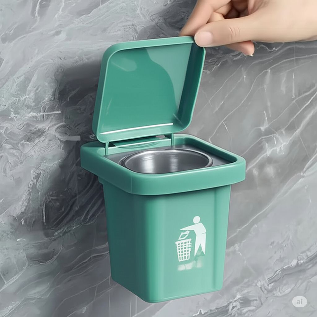 Wall-Mounted, No-Nail Dual-Use Trash Can And Ashtray with a Lid to Prevent Ash from Flying Suitable for Living Rooms, Bedrooms, Bathrooms, Public Restrooms & Offices
