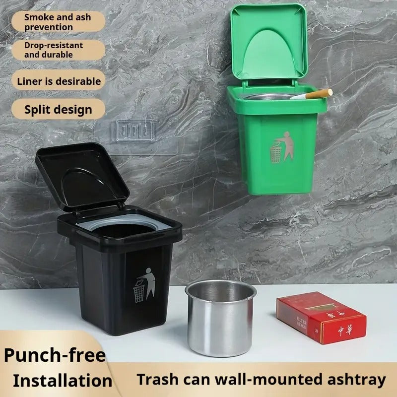 Wall-Mounted, No-Nail Dual-Use Trash Can And Ashtray with a Lid to Prevent Ash from Flying Suitable for Living Rooms, Bedrooms, Bathrooms, Public Restrooms & Offices