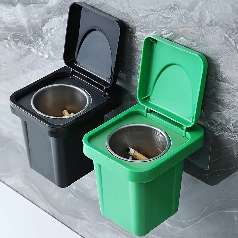Wall-Mounted, No-Nail Dual-Use Trash Can And Ashtray with a Lid to Prevent Ash from Flying Suitable for Living Rooms, Bedrooms, Bathrooms, Public Restrooms & Offices