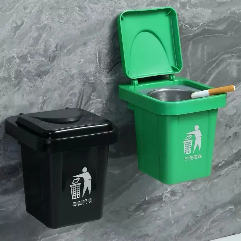 Wall-Mounted, No-Nail Dual-Use Trash Can And Ashtray with a Lid to Prevent Ash from Flying Suitable for Living Rooms, Bedrooms, Bathrooms, Public Restrooms & Offices