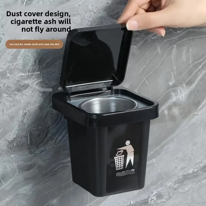 Wall-Mounted, No-Nail Dual-Use Trash Can And Ashtray with a Lid to Prevent Ash from Flying Suitable for Living Rooms, Bedrooms, Bathrooms, Public Restrooms & Offices