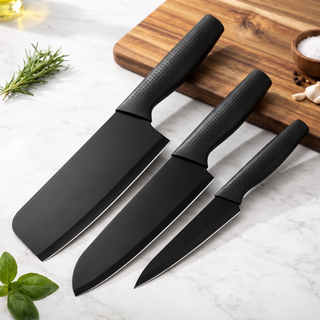 Black non-stick 3-piece kitchen knife set with cleaver, santoku and utility knife