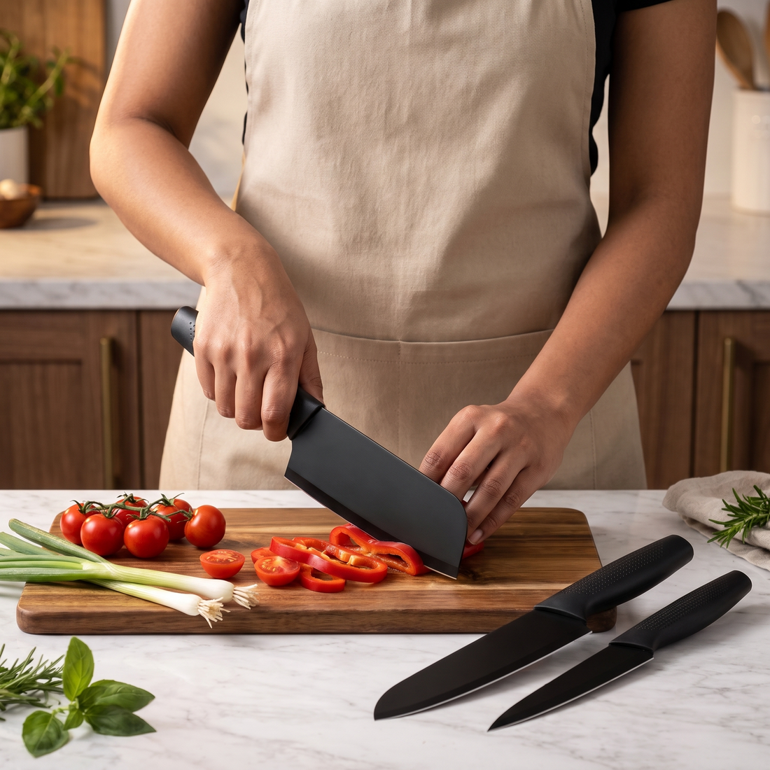 Woman slicing vegetables with the black non-stick cleaver from the 3-piece knife set