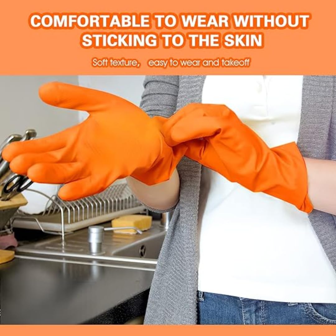 Reusable Rubber Latex PVC Flock lined Long Sleeves elbow length Hand Gloves for Kitchen Dish-Washing, Cleaning, Gardening, Laundry and Sanitation and Lab Work (orange)