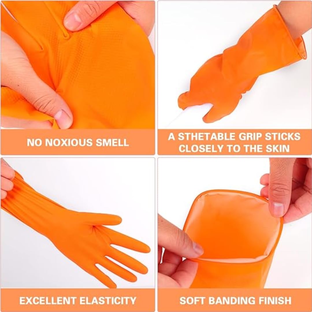 Reusable Rubber Latex PVC Flock lined Long Sleeves elbow length Hand Gloves for Kitchen Dish-Washing, Cleaning, Gardening, Laundry and Sanitation and Lab Work (orange)