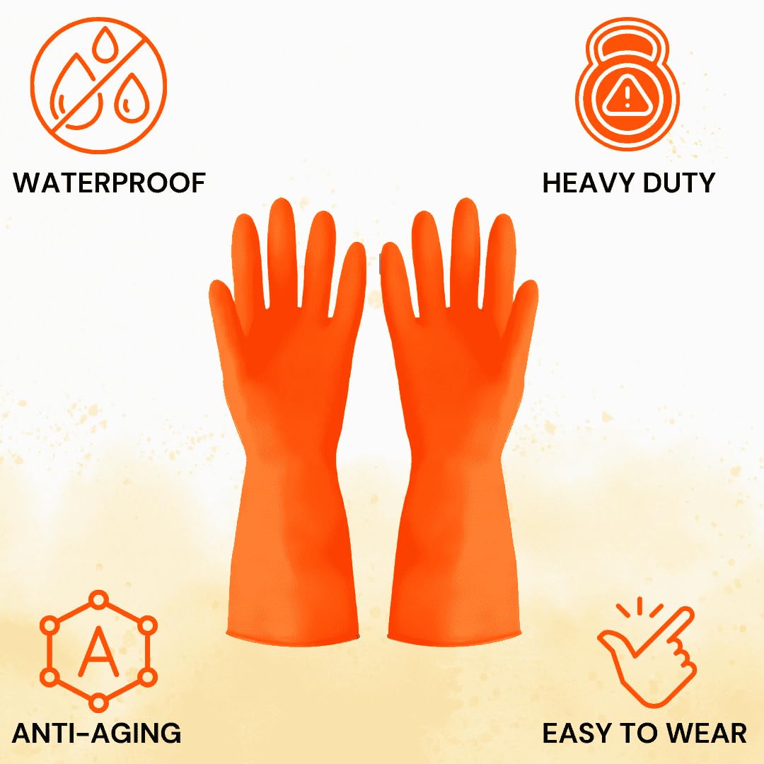 Reusable Rubber Latex PVC Flock lined Long Sleeves elbow length Hand Gloves for Kitchen Dish-Washing, Cleaning, Gardening, Laundry and Sanitation and Lab Work (orange)