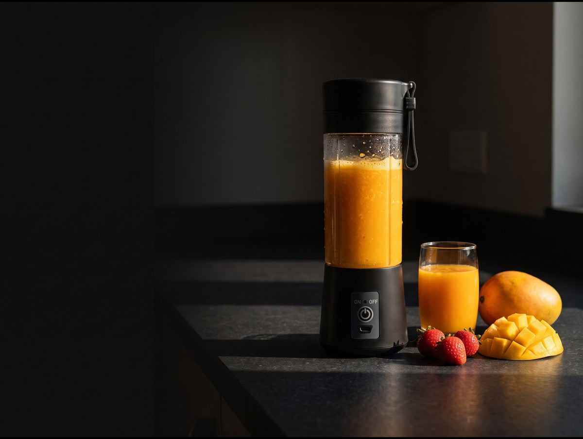 Portable USB blender filled with mango juice on a dark kitchen counter in morning light