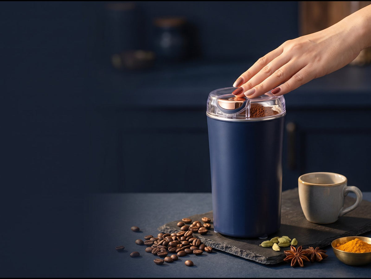 Navy electric coffee and spice grinder with a hand on its lid, coffee beans and whole spices