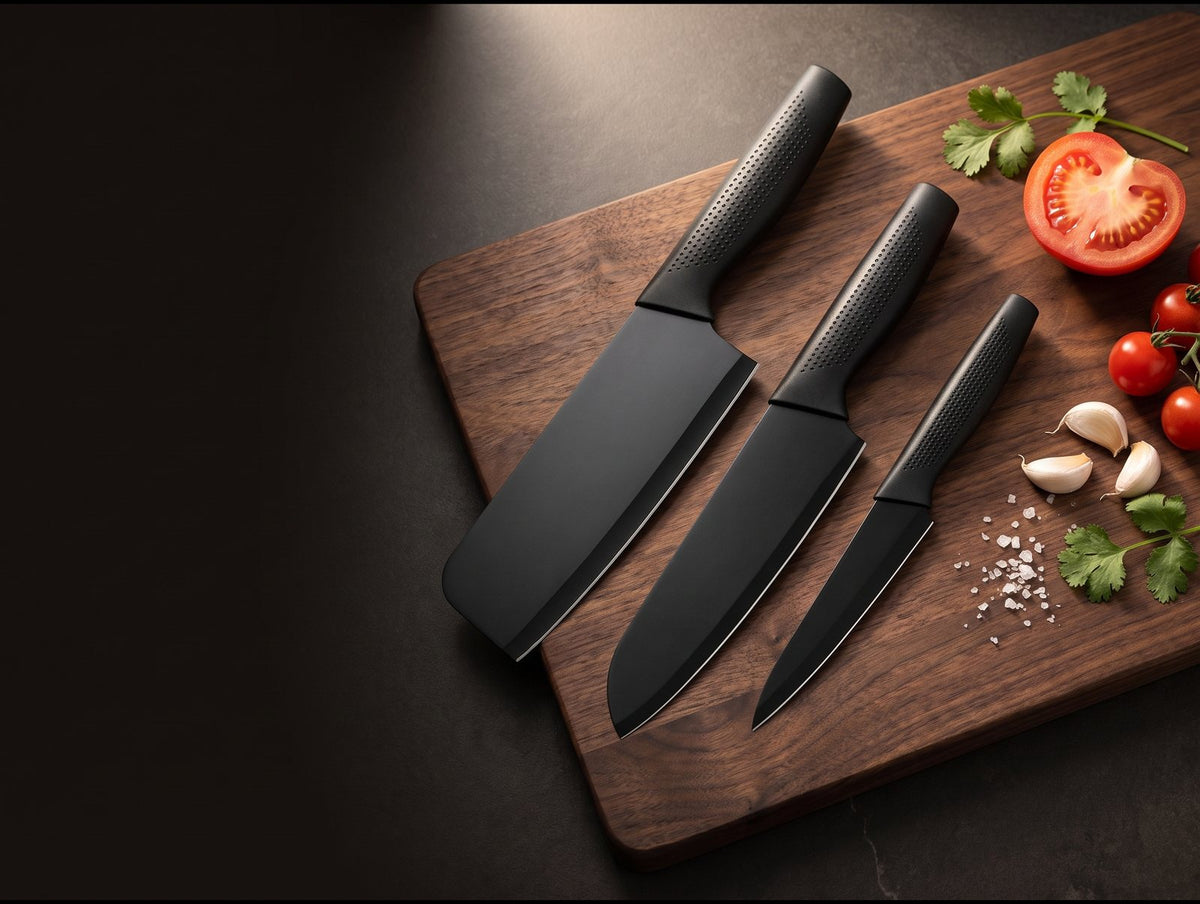 Black cleaver, santoku and utility knife on a walnut chopping board with tomatoes and garlic