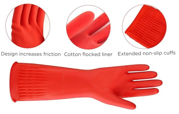 Dishwashing Gloves, Reusable Kitchen,Household and Industrial Cleaning Gloves, Long Sleeve, Thick Latex, Cleaning, Washing, Working, Painting, Gardening Gloves (Red)
