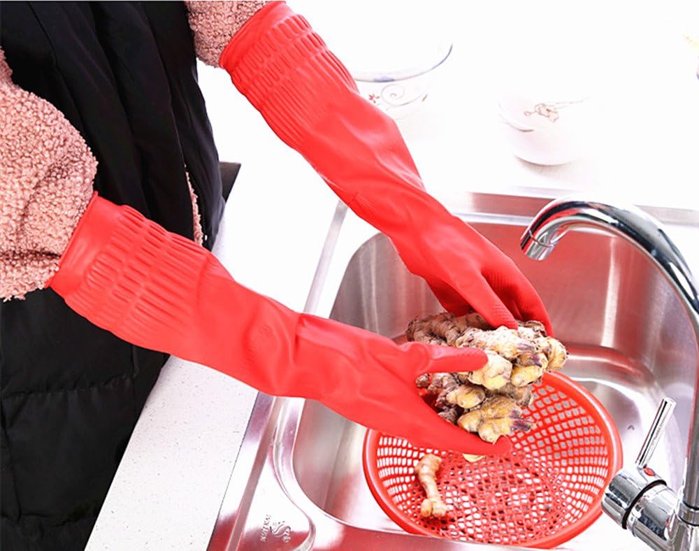 Dishwashing Gloves, Reusable Kitchen,Household and Industrial Cleaning Gloves, Long Sleeve, Thick Latex, Cleaning, Washing, Working, Painting, Gardening Gloves (Red)