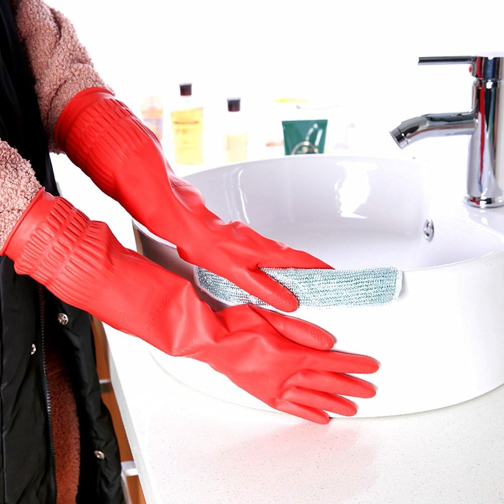 Dishwashing Gloves, Reusable Kitchen,Household and Industrial Cleaning Gloves, Long Sleeve, Thick Latex, Cleaning, Washing, Working, Painting, Gardening Gloves (Red)