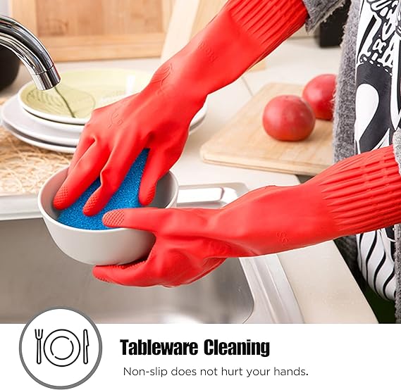 Dishwashing Gloves, Reusable Kitchen,Household and Industrial Cleaning Gloves, Long Sleeve, Thick Latex, Cleaning, Washing, Working, Painting, Gardening Gloves (Red)