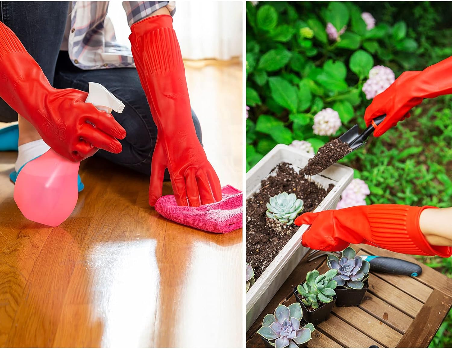 Dishwashing Gloves, Reusable Kitchen,Household and Industrial Cleaning Gloves, Long Sleeve, Thick Latex, Cleaning, Washing, Working, Painting, Gardening Gloves (Red)