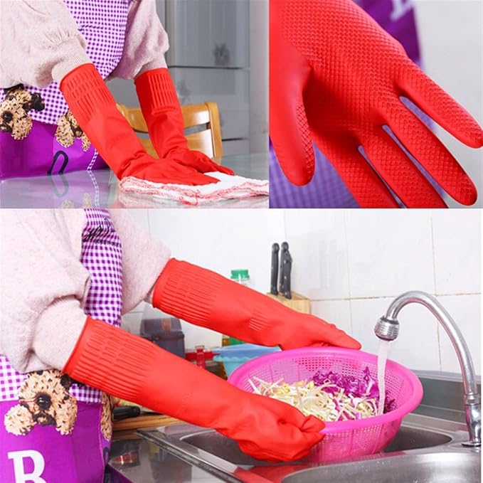 Dishwashing Gloves, Reusable Kitchen,Household and Industrial Cleaning Gloves, Long Sleeve, Thick Latex, Cleaning, Washing, Working, Painting, Gardening Gloves (Red)