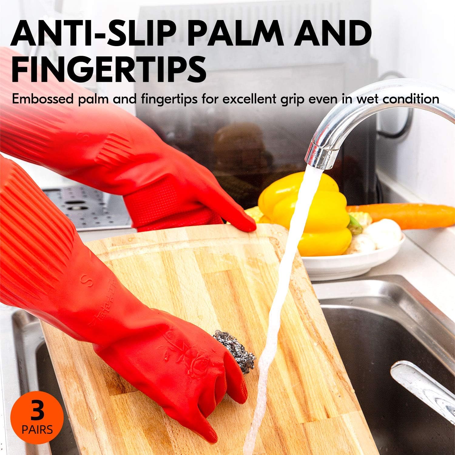 Dishwashing Gloves, Reusable Kitchen,Household and Industrial Cleaning Gloves, Long Sleeve, Thick Latex, Cleaning, Washing, Working, Painting, Gardening Gloves (Red)